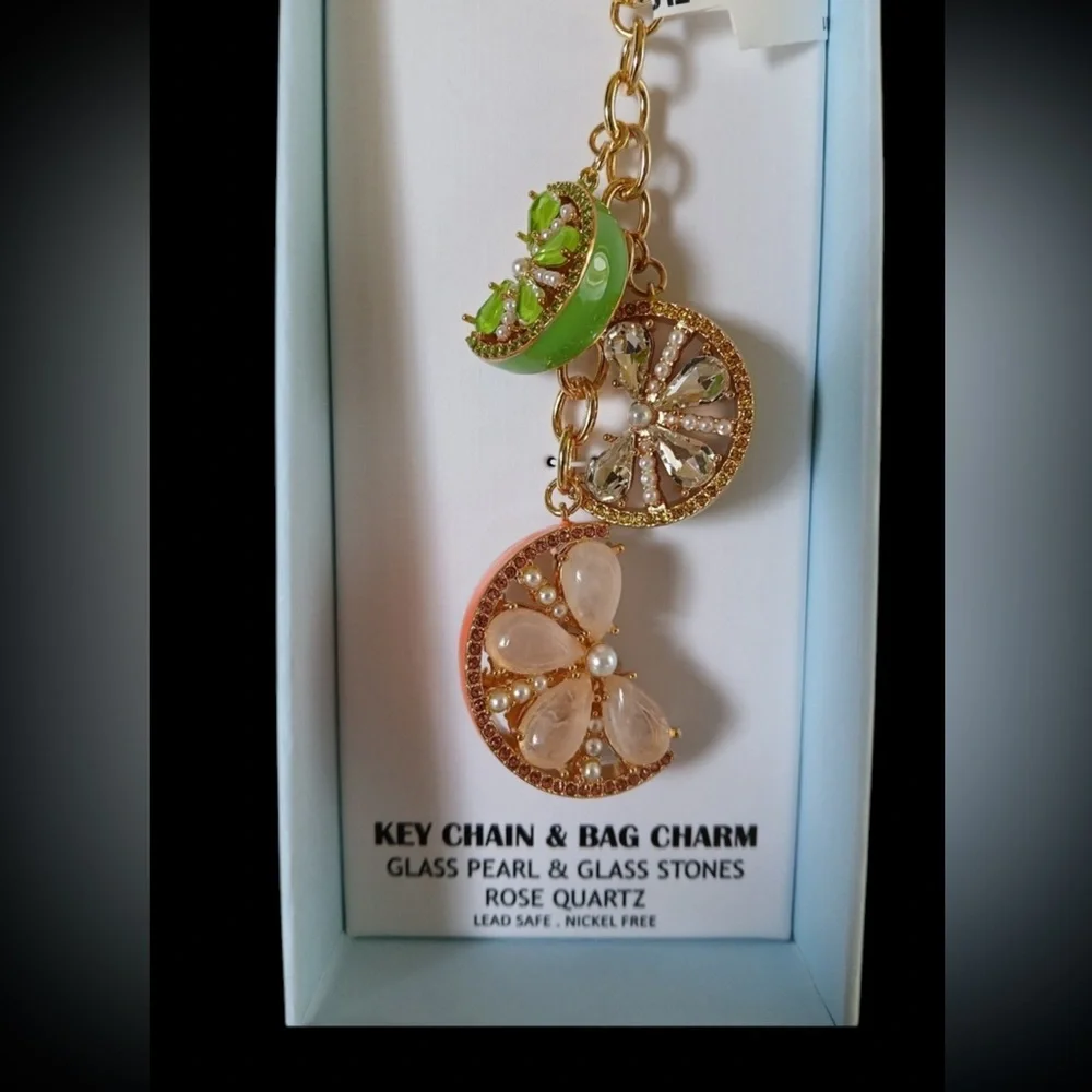 PIPER K Glass Pearls & Rose Quartz Citrus Slice Keychain Bag Purse Charm NEW NWT